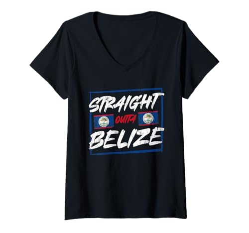Damen Direkt Raus aus Belize T-Shirt mit V-Ausschnitt Damen Direkt Raus aus Belize T-Shirt mit V-Ausschnitt von Pride Belize Roots Flag Colors Blue Red White