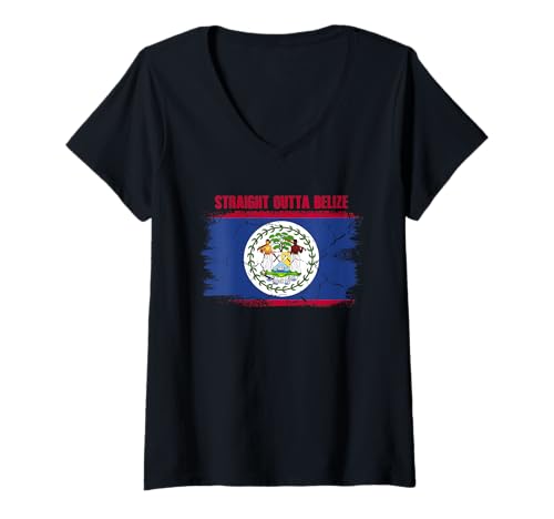 Damen Direkt Raus aus Belize T-Shirt mit V-Ausschnitt von Pride Belize Roots Flag Colors Blue Red White