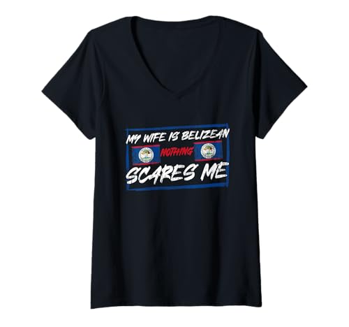 Damen Meine Frau ist Belizerin Nichts Macht Mir Angst T-Shirt mit V-Ausschnitt Damen Meine Frau ist Belizerin Nichts Macht Mir Angst T-Shirt mit V-Ausschnitt von Pride Belize Roots Flag Colors Blue Red White