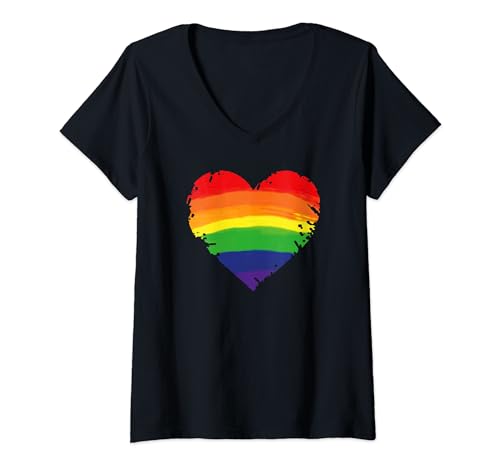 Damen Bisexual Gay Queer Trans LGBTQ Rainbow Heart Regenbogen Herz T-Shirt mit V-Ausschnitt von Pride CSD Parade Outfit LGBT Geschenk Homo Love