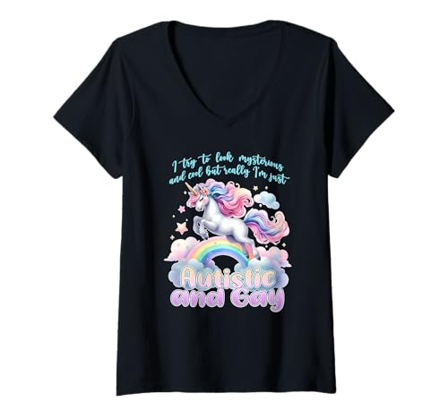 Damen I Try to Look Mysterious & COOL BUT I'm Autistic & Gay T-Shirt mit V-Ausschnitt von Pride Flag Homosexuelle und autistische