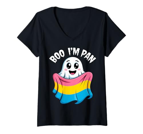Damen Boo I'm Pan Cute Ghost Pansexual Pride Halloween T-Shirt mit V-Ausschnitt von Pride Halloween Apparel Co.