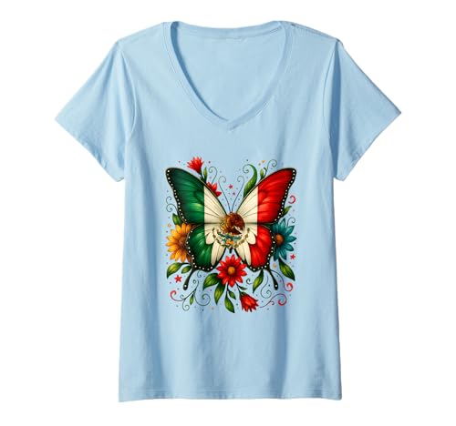 Damen Mexiko-Flagge, Schmetterling, Blumen, mexikanischer Unabhängigkeitstag, Kinder T-Shirt mit V-Ausschnitt Damen Mexiko-Flagge, Schmetterling, Blumen, mexikanischer Unabhängigkeitstag, Kinder T-Shirt mit V-Ausschnitt von Pride Mexican Independence Day Mexico Flag Apparel