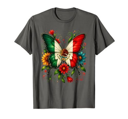 Mexiko-Flagge, Schmetterling, Blumen, mexikanischer Unabhängigkeitstag, Kinder T-Shirt Mexiko-Flagge, Schmetterling, Blumen, mexikanischer Unabhängigkeitstag, Kinder T-Shirt von Pride Mexican Independence Day Mexico Flag Apparel