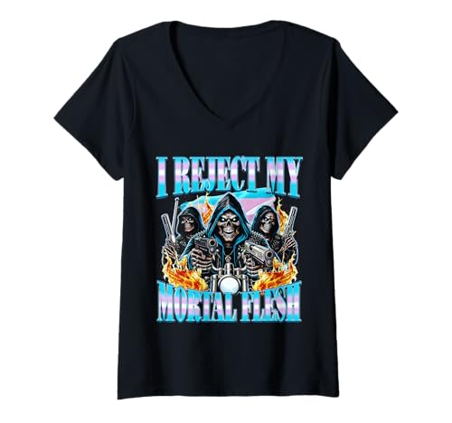 Damen Ich lehne Mein sterbliches Fleisch ab Lustiges LGBT-Trans Pride-Bootleg T-Shirt mit V-Ausschnitt Damen Ich lehne Mein sterbliches Fleisch ab Lustiges LGBT-Trans Pride-Bootleg T-Shirt mit V-Ausschnitt von Pride Skeleton Joke Meme Hilarious SoulmateArtK