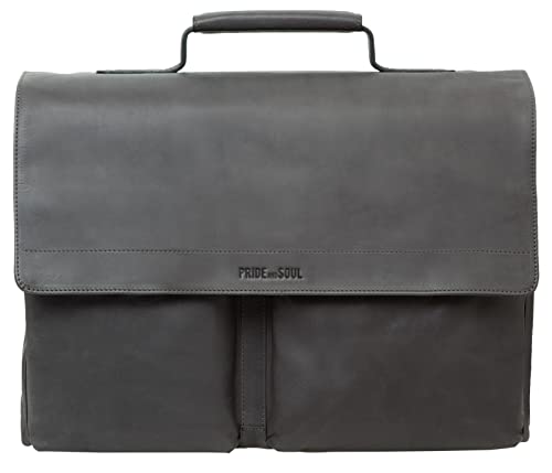 Pride and Soul 47260 - Businesstasche District, Notebooktasche für 15" Laptops, Umhängetasche aus Echt Leder, Schultertasche mit 2 Hauptfächern, Aktentasche ca. 30 x 41 x 14 cm, grau von Pride and Soul