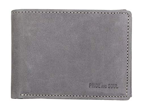 Damen und Herren Mini Geldbörse aus Echtleder im Querformat, Portemonnaie mit 2 Scheinfächer, Münzfach und 5 Kartenfächer für Kreditkarten, Geldbeutel mit RFID, Brieftasche in grau, ca. 10,5 x 8 cm von Pride and Soul