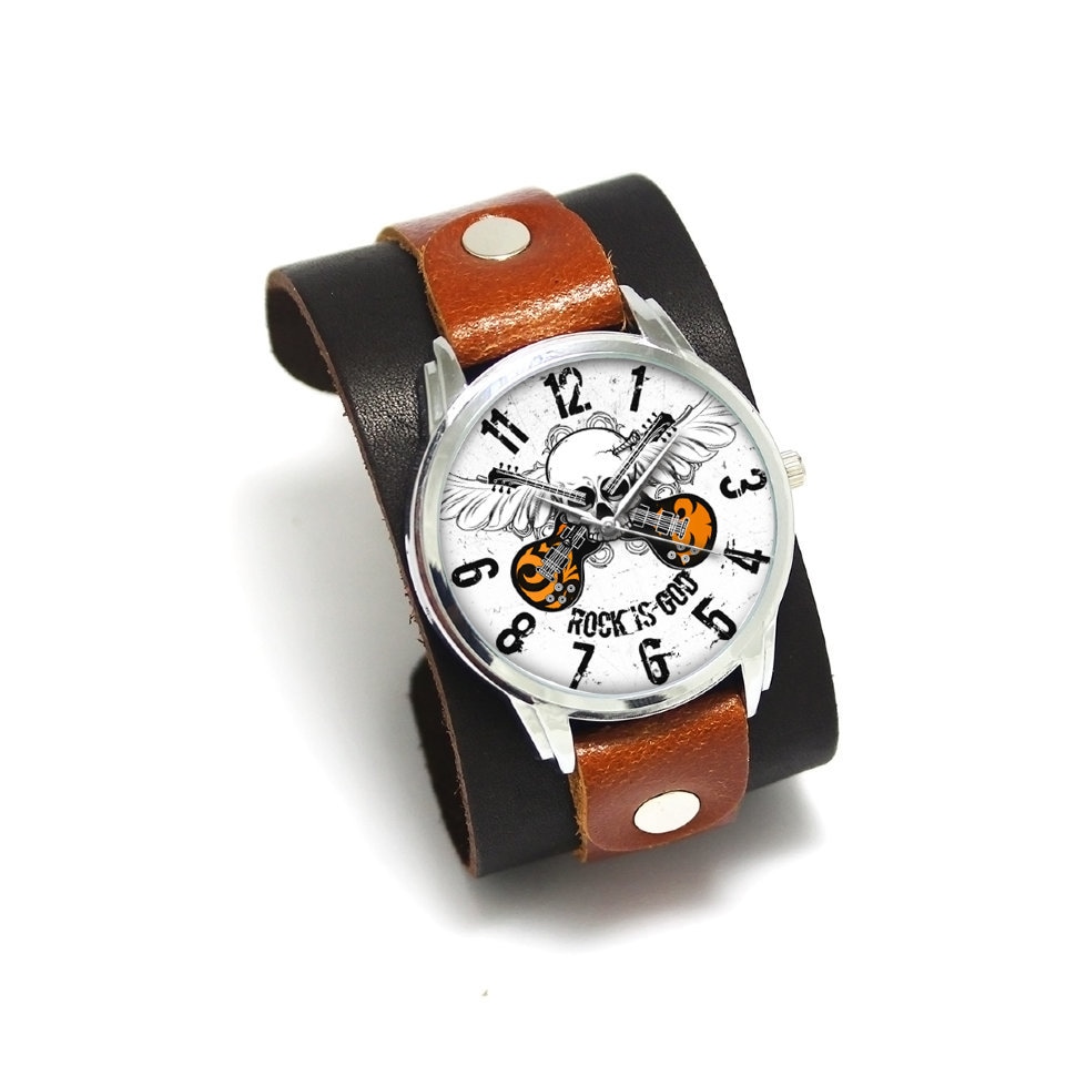 Pride&bright Rock Star Skull Gitarren Uhr Handgefertigte Ledermanschette Pride&bright Rock Star Skull Gitarren Uhr Handgefertigte Ledermanschette von PrideAndBright