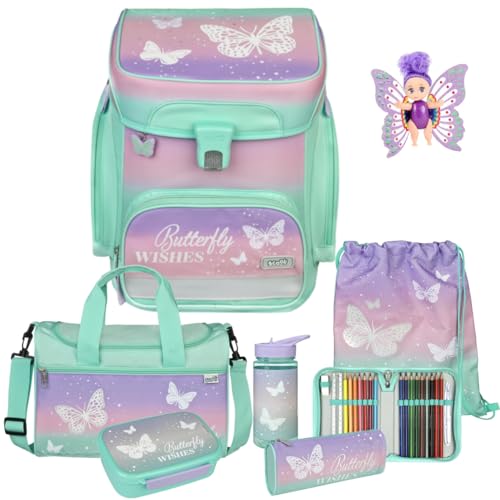 Scooli Schulranzen 1.Klasse Mädchen Butterfly Wishes Schmetterling EasyFit Schulranzen-Set (9tlg. Set mit Brotdose Trinkflasche passend dazu Sporttasche, Fairy-Püppchen gratis) von Pridera