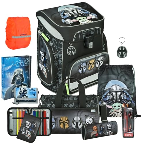 Scooli Schulranzen Jungen 1.Klasse EasyFit (10tlg. Set mit Sporttasche Heftbox A4 Brustbeutel Schreibset, Regenhülle gratis, Star Wars) von Pridera