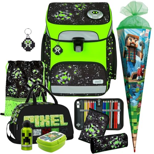 Scooli Schulranzen Jungen 1.Klasse EasyFit (9tlg. Set passend dazu Sporttasche Brotdose Trinkflasche Schultüte R, Space Robot - Pixel - Glow Edition) von Pridera
