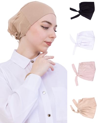 Prien 4 Stück Cap Hijab Für Damen, Kopftuch Frauen Turban Set, Baumwolle Muslim, Islamische Kopftücher Sommer Hut, Kopfbedeckung Das Gebet, Chemo (Schwarz, Weiß, Beige, Dunkelnerz) von Prien