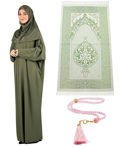 Prien Frauen Gebetskleidung Mit Hijab Gebetsperlen Gebetsteppich, Damen Muslim Kleidung, Islam Abaya Set, Ferace Tesettür Giyim, Islamische Langarm Kleid, Kopftuch, Gebetskleid Für Ramadan (Khaki) von Prien