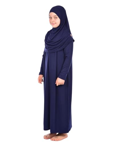 Prien Gebetskleidung Für Kinder, Mädchen Muslim Kleider, Lange Ärmel Abaya Mit Hijab, Islam Kleidung Frauen, Damen Muslimische Kleid Set, Gebetskleid Jilbab Khimar Ramadan (Marineblau) von Prien