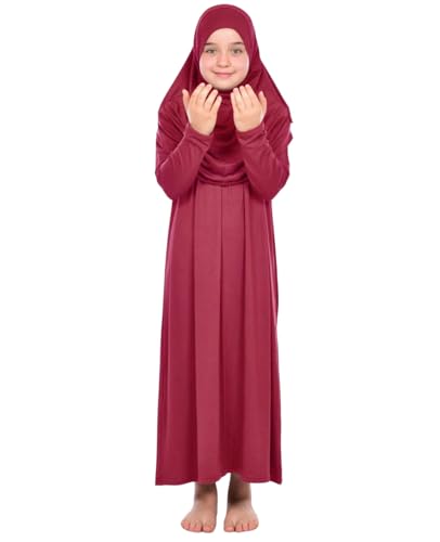 Prien Gebetskleidung Für Kinder, Mädchen Muslim Kleider, Lange Ärmel Abaya Mit Hijab, Islam Kleidung Frauen, Damen Muslimische Kleid Set, Gebetskleid Jilbab Khimar Ramadan (Rot) von Prien