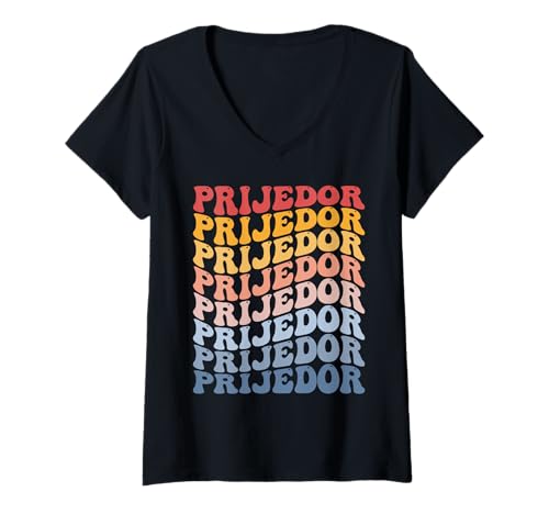 Damen Prijedor City Groovy Retro T-Shirt mit V-Ausschnitt von Prijedor City Clothing