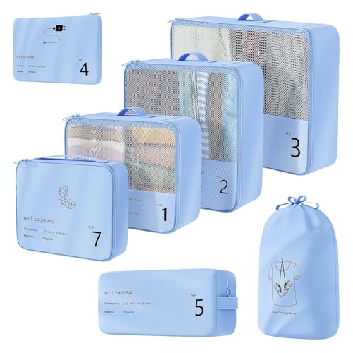 Koffer Organizer Set, 7 Stück Packing Cubes, Packwürfel für Koffer, Packing Cubes Compression als Rucksack Organizer - Travel Packtaschen Reise - Camping Zubehör & Wander Ausrüstung(Blau) von Priksia