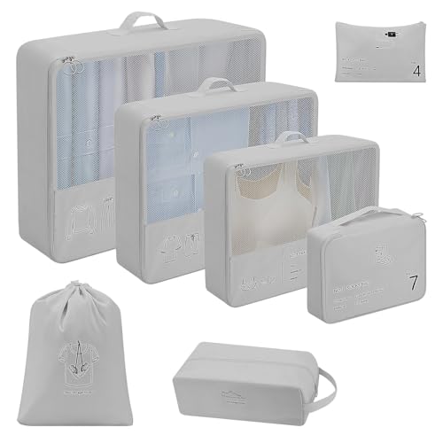 Koffer Organizer Set, 7 Stück Packing Cubes, Packwürfel für Koffer, Packing Cubes Compression als Rucksack Organizer - Travel Packtaschen Reise - Camping Zubehör & Wander Ausrüstung(Grau) von Priksia