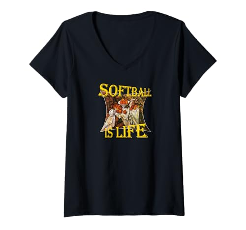 Damen Softball is Life Mädchen Jungen Herren Damen T-Shirt mit V-Ausschnitt von PrimAlaska Sport Souvenir Collection