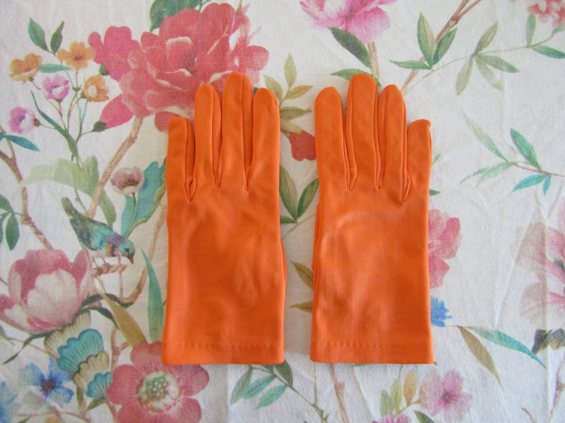 Vintage Filex Paris Orange Nylon Abendhandschuhe-8" Armband Länge-Größe 7 -Glove Auction #15270622 von PrimaMona