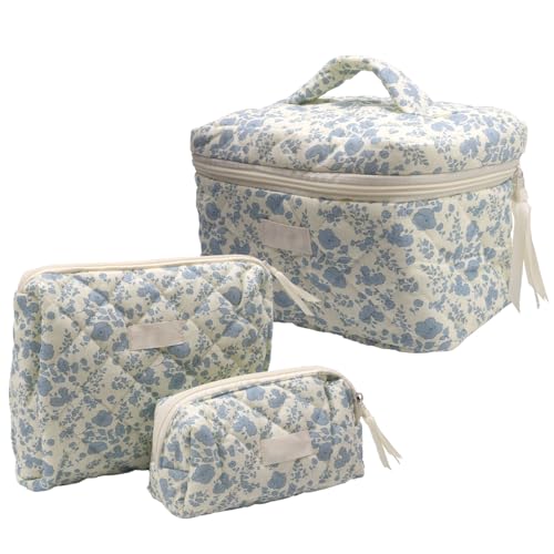 Primasage 3 Stück Schminktasche Damen, Praktisch Kosmetiktasche Mädchen mit Schönen Blumenmotiven Kulturtasche Damen Gross den Täglichen Gebrauch und Reisen (Blau) von Primasage