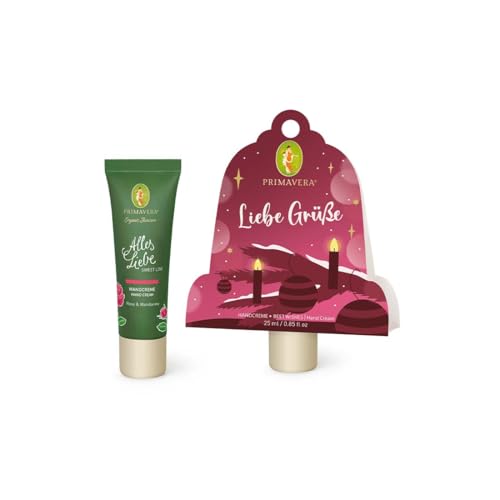 PRIMAVERA Geschenkanhänger Liebe Grüße - Geschenkanhänger mit Mini Alles Liebe Handcreme mit Rose bio und Mandarine rot bio - vegan von Primavera