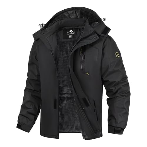 PrimeCrest Winterjacke Herren Jacke Fleecejacke Skijacke Wasserdichte Warme Thermo Gefüttert Softshell Ski Winter Tactical Hoodie Jacke Männer Snowboard Dicke Outdoorjacke Softshelljacke Schwarz 2XL von PrimeCrest