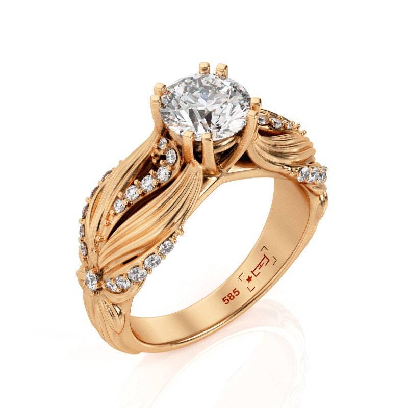 14K Blatt Moissanit Verlobungsring Filigranes Blumenmuster von PrimeElement