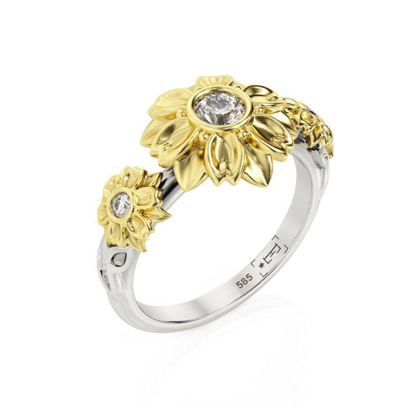 14K Gold Drei Stein Blume Verlobungsring Filigraner Zweifarbiger Ring von PrimeElement