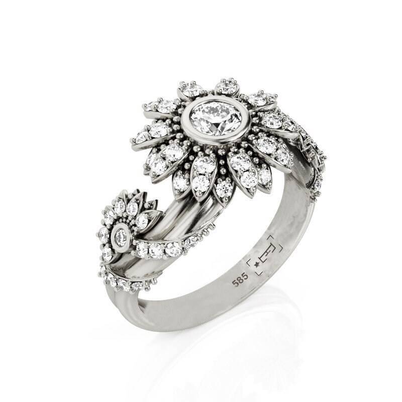 14K Gold Moissanit Verlobungsring Filigranes Blumenmuster von PrimeElement