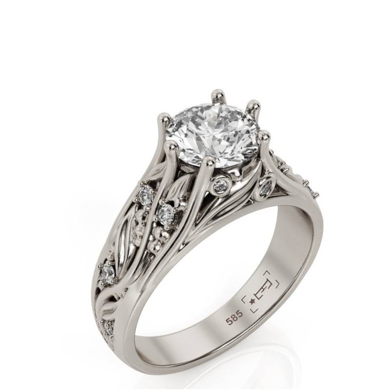 14K Vergoldete Blätter Verlobungsring 1 Karat Moissanit Filigraner Ring von PrimeElement