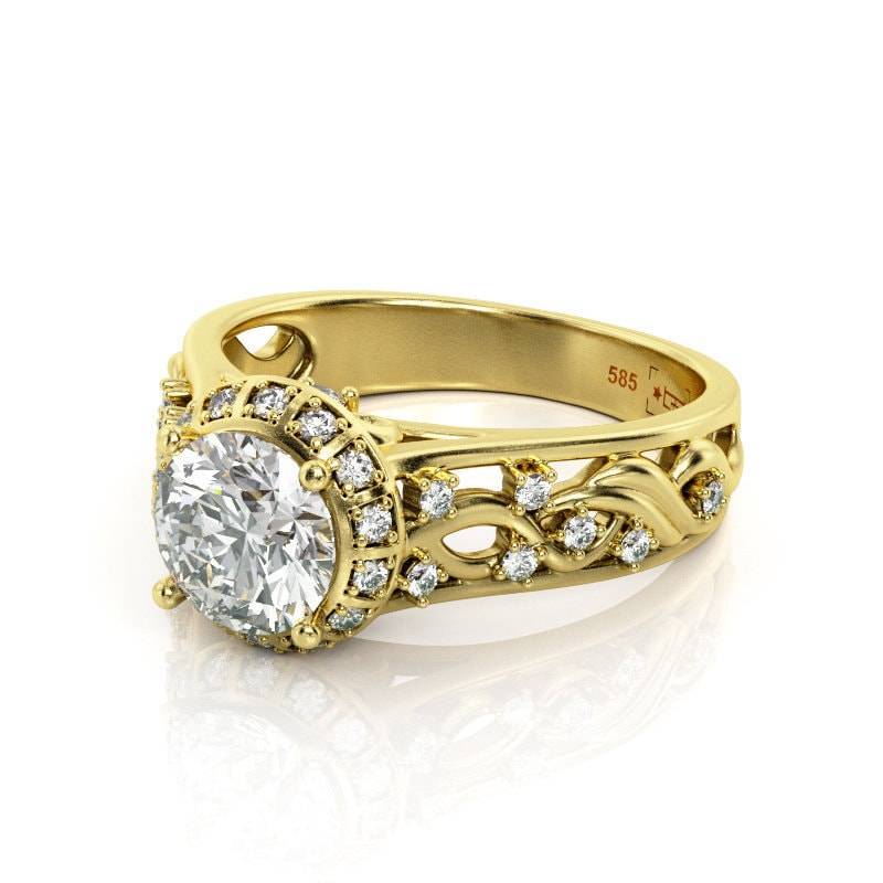 Art Deco 14K Gold Moissanite Halo Verlobungsring von PrimeElement