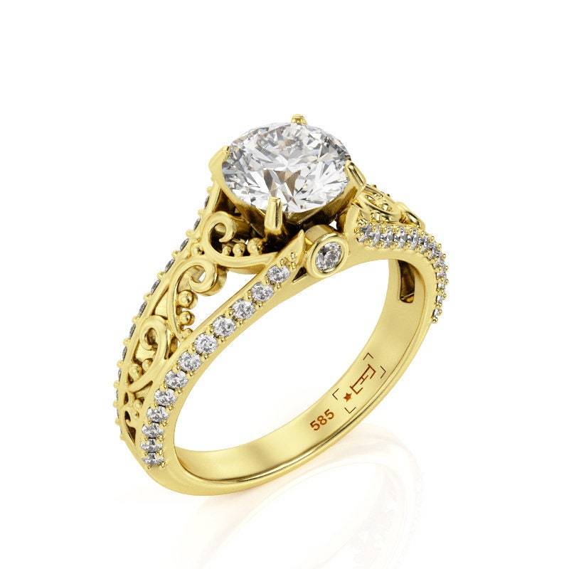 Art Deco 1Ct Moissanit Verlobungsring 14K Gold Filligran von PrimeElement