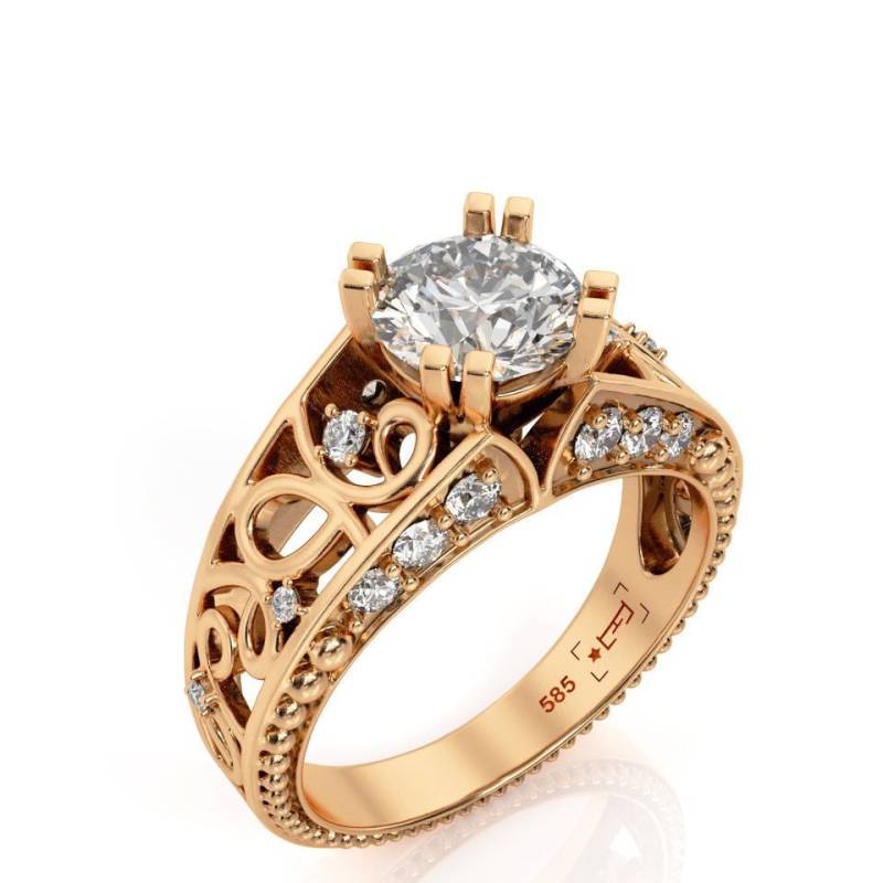 Art Deco 1Ct Moissanit Verlobungsring 14K Rosegold Filigree von PrimeElement