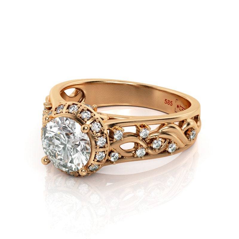 Art Deco Moissanit Verlobungsring 14K Rose Gold Filigree Halo von PrimeElement