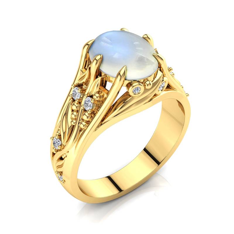 Art Deco Mondstein Verlobungsring 14K Gold Blätter & Ranken von PrimeElement