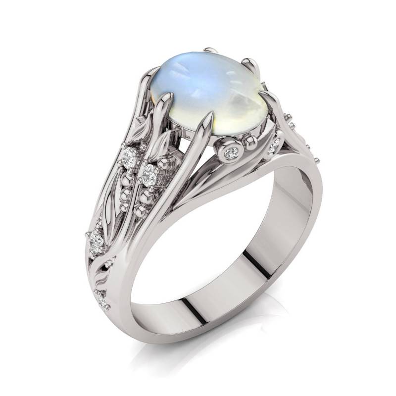 Art Deco Mondstein Verlobungsring 14K Weißgold Blätter & Ranken von PrimeElement