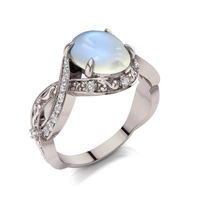 Art Deco Mondstein Verlobungsring 14K Weißgold Filigran von PrimeElement