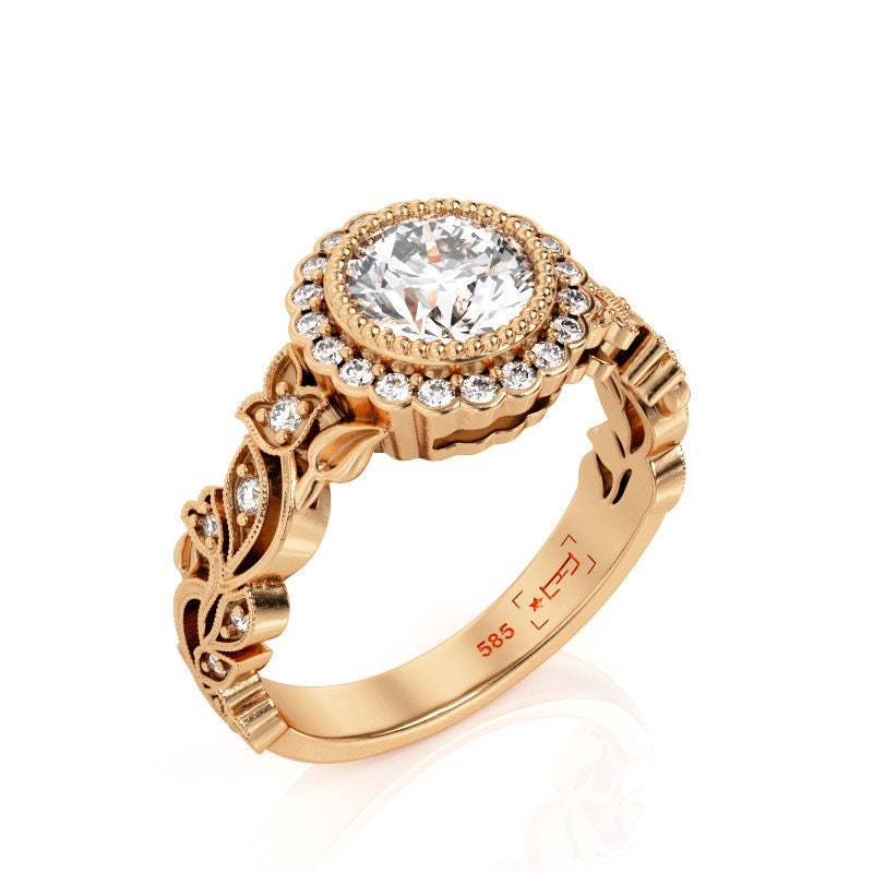 Blätter 14K Gold Moissanite Verlobungsring Halo Filigree Design von PrimeElement