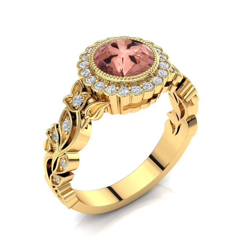 Blätter 14K Gold Morganit Verlobungsring Filigranes Milgrain Design von PrimeElement