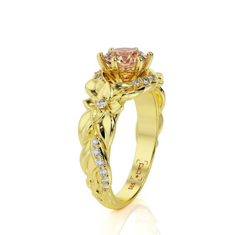 Blätter 14K Gold Morganit Verlobungsring Handgemachtes Blumenranken Design von PrimeElement