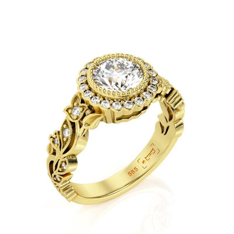 Blätter 1Ct Moissanit Verlobungsring 14K Gold Halo Filigree von PrimeElement