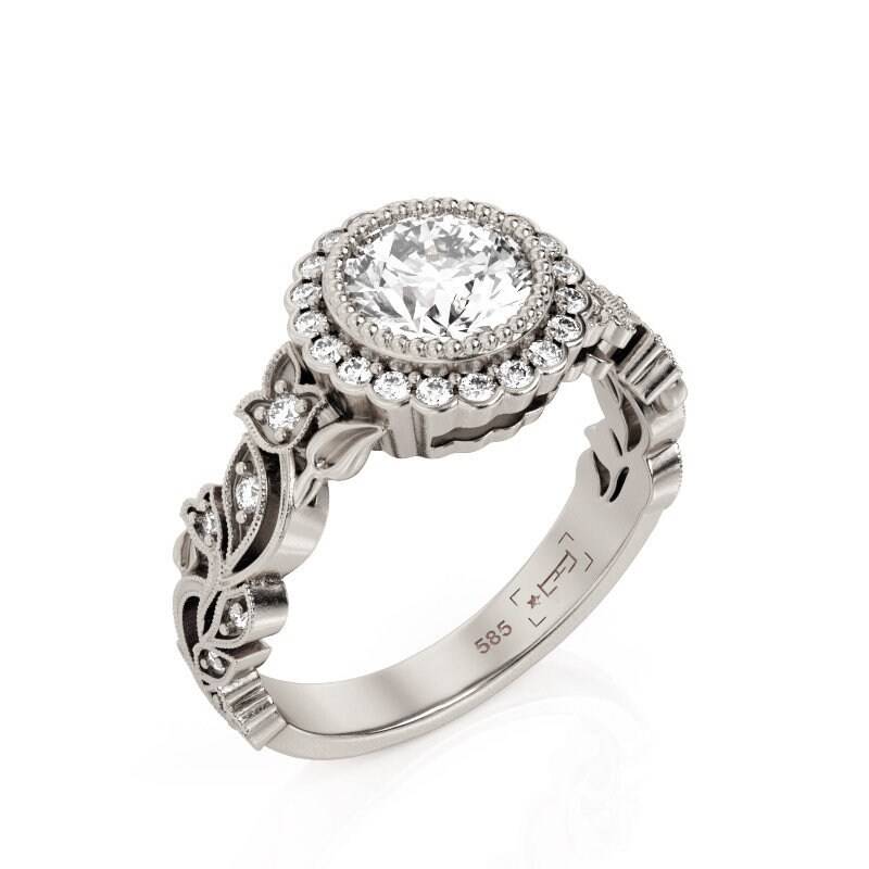 Blätter 1Ct Moissanit Verlobungsring 14K Gold Halo Filigree von PrimeElement