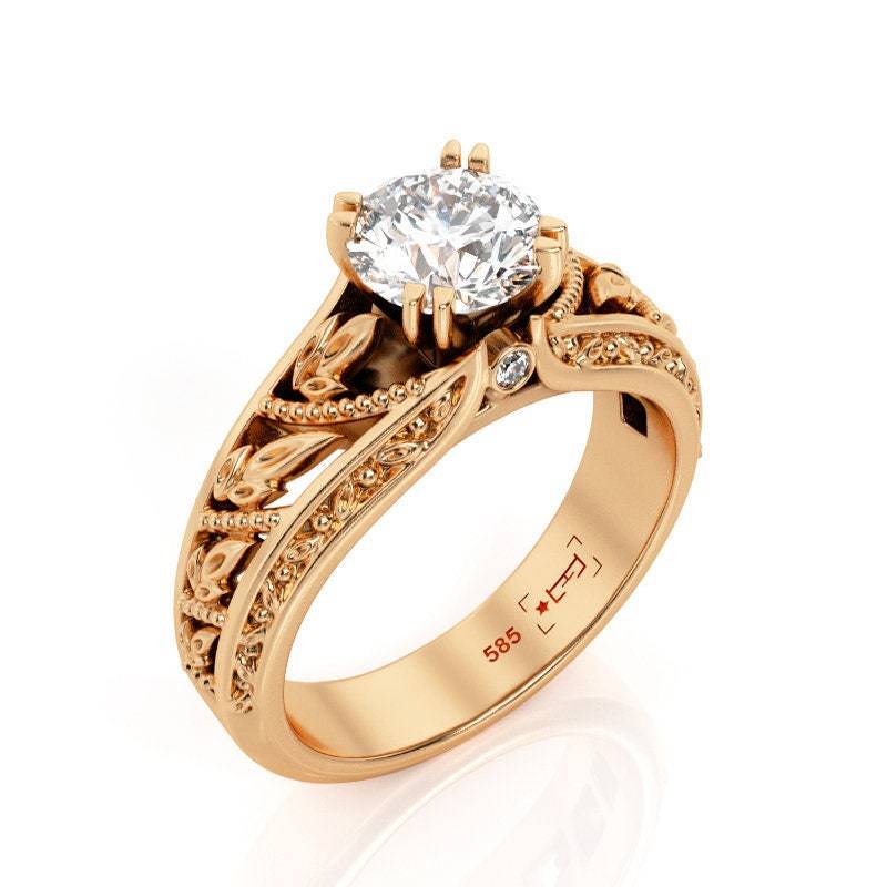Blätter 1Ct Moissanit Verlobungsring 14K Rosegold Filigree von PrimeElement