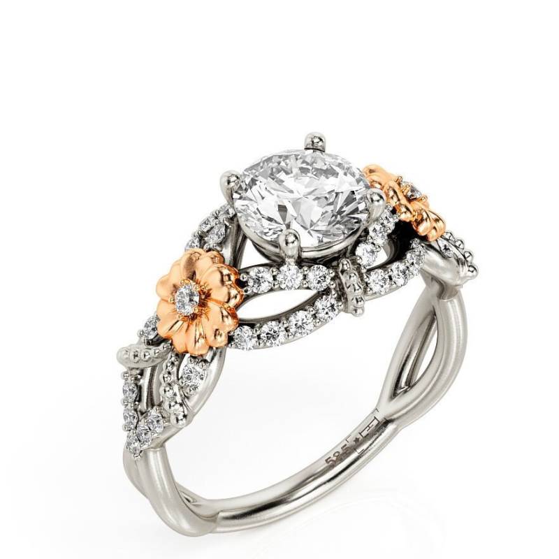 Blätter & Blüten Moissanit Verlobungsring Zweifarbiges 14K Gold von PrimeElement