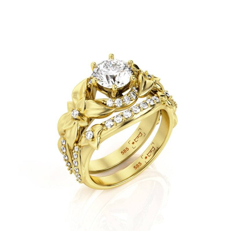 Blätter & Blumen 14K Gold Moissanit Braut Set von PrimeElement