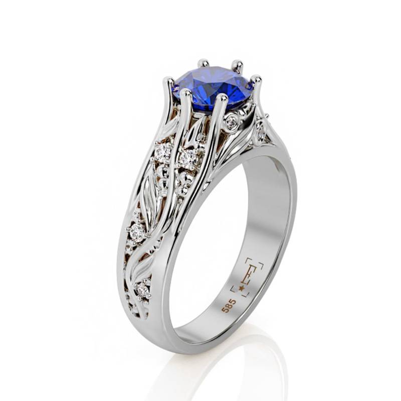 Blatt Design Saphir Verlobungsring 14K Weißgold, Moissanit Akzente von PrimeElement