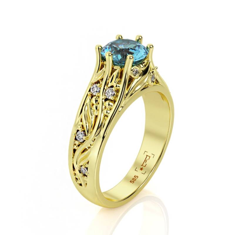 Blautopas Verlobungsring 14K Gelbgold Mit Blattmuster von PrimeElement
