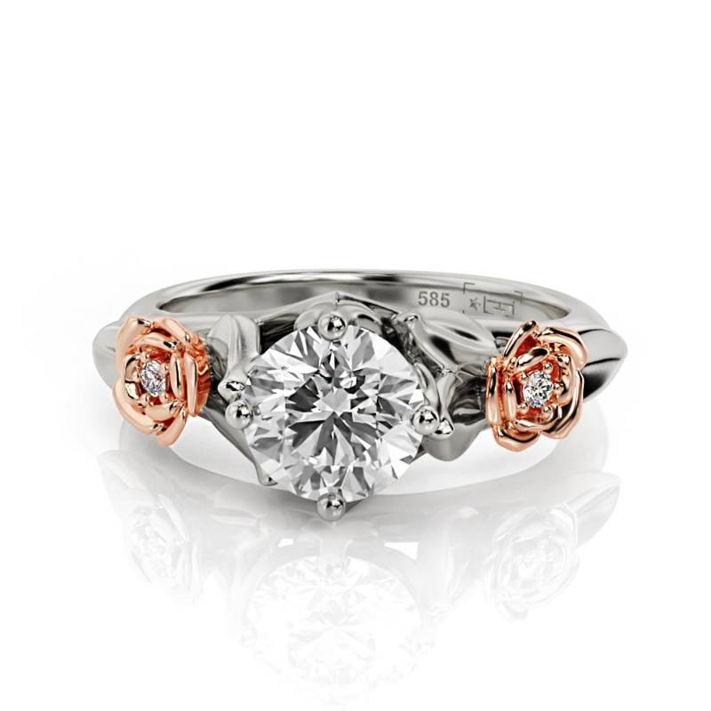 Blumen Moissanit Verlobungsring Zweifarbiger 14K Gold Blumenring von PrimeElement