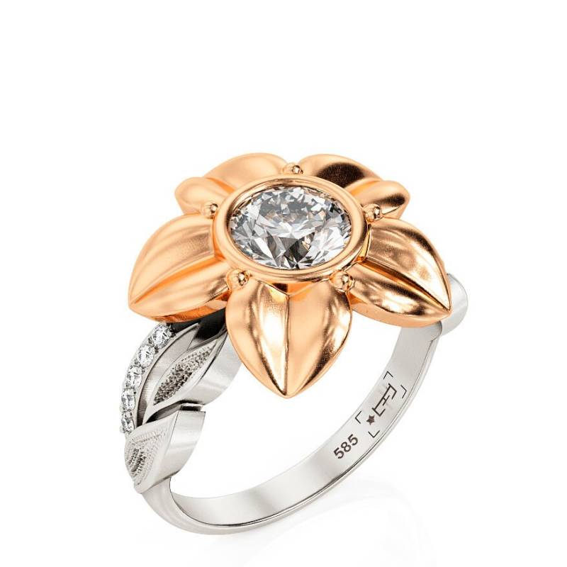Blumen Moissanit Verlobungsring Zweifarbiges 14K Gold, Handgemacht von PrimeElement